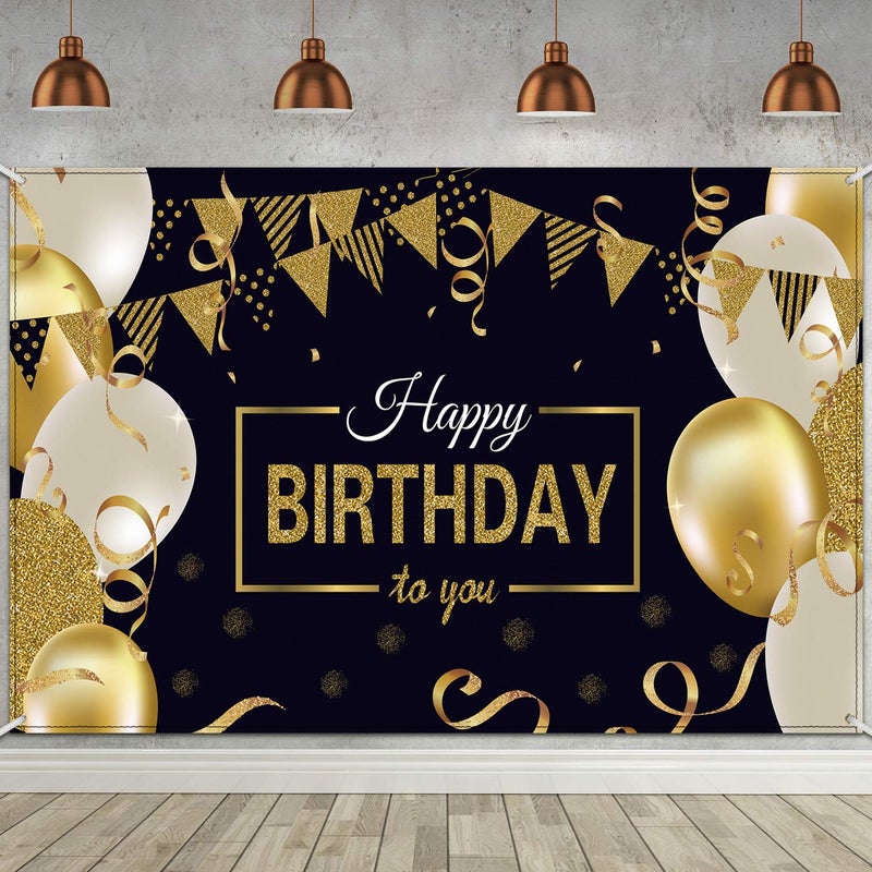 Blulu Happy Birthday Backdrop Banner Extra Large Birthday Sign Poster for Men Women Anniversary Party Photo Booth Backdrop Background Banner Decoration Supplies(Black and Gold) - Image 1